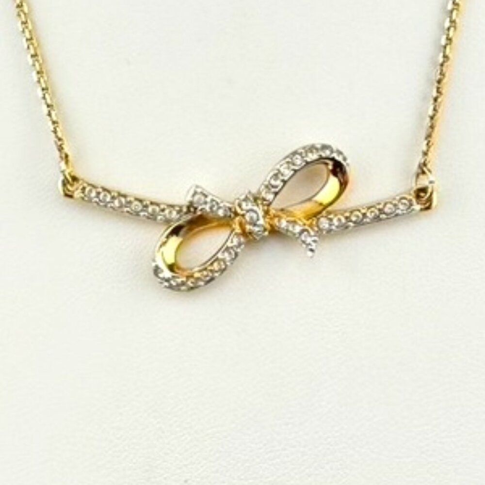 Signed Swarovski Crystal Gold tone Ribbon Box Pendant Necklace